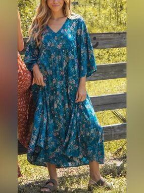 Natural Life Charlotte Midi Dress Dark Turquoise Floral Boho Tiered Size Small